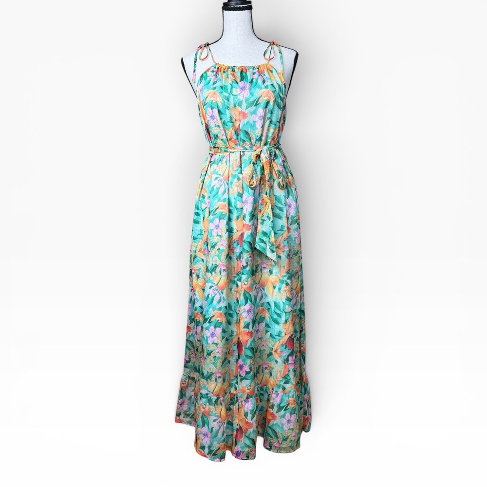 Chelsea 28 Maxi Dress Womens Small Teal Orange Tropical Floral Tie Waist Pleated